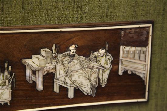 A Chinese rosewood and mother of pearl overlaid panel, 19th century, 15 x 30.5cm, losses, later mounted